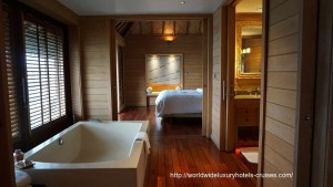 Four Seasons Resort overwater bungalow snorkel room bath bed Tahiti Society Islands Luxury Travel Virtuoso Izumi Ogawa Trip agent vacation advisor Vision French Polynesia Cruise ship boat Bora Bora ocean water sand beach